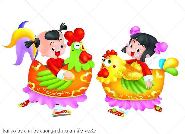 hai co be chu be cuoi ga du xuan file vector